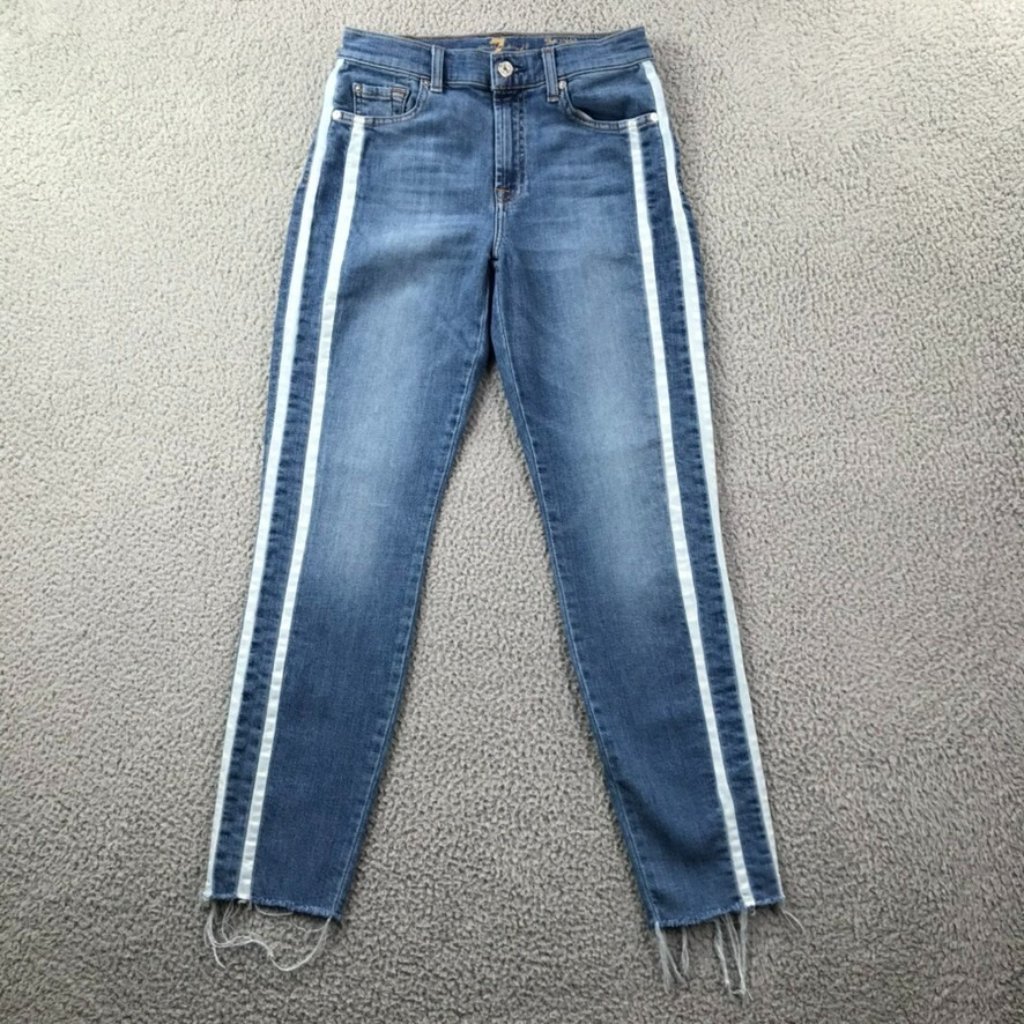 7fam Womens Size 27 The Skinny Ankle White Stripe Frayed Hem Medium Wash Jeans